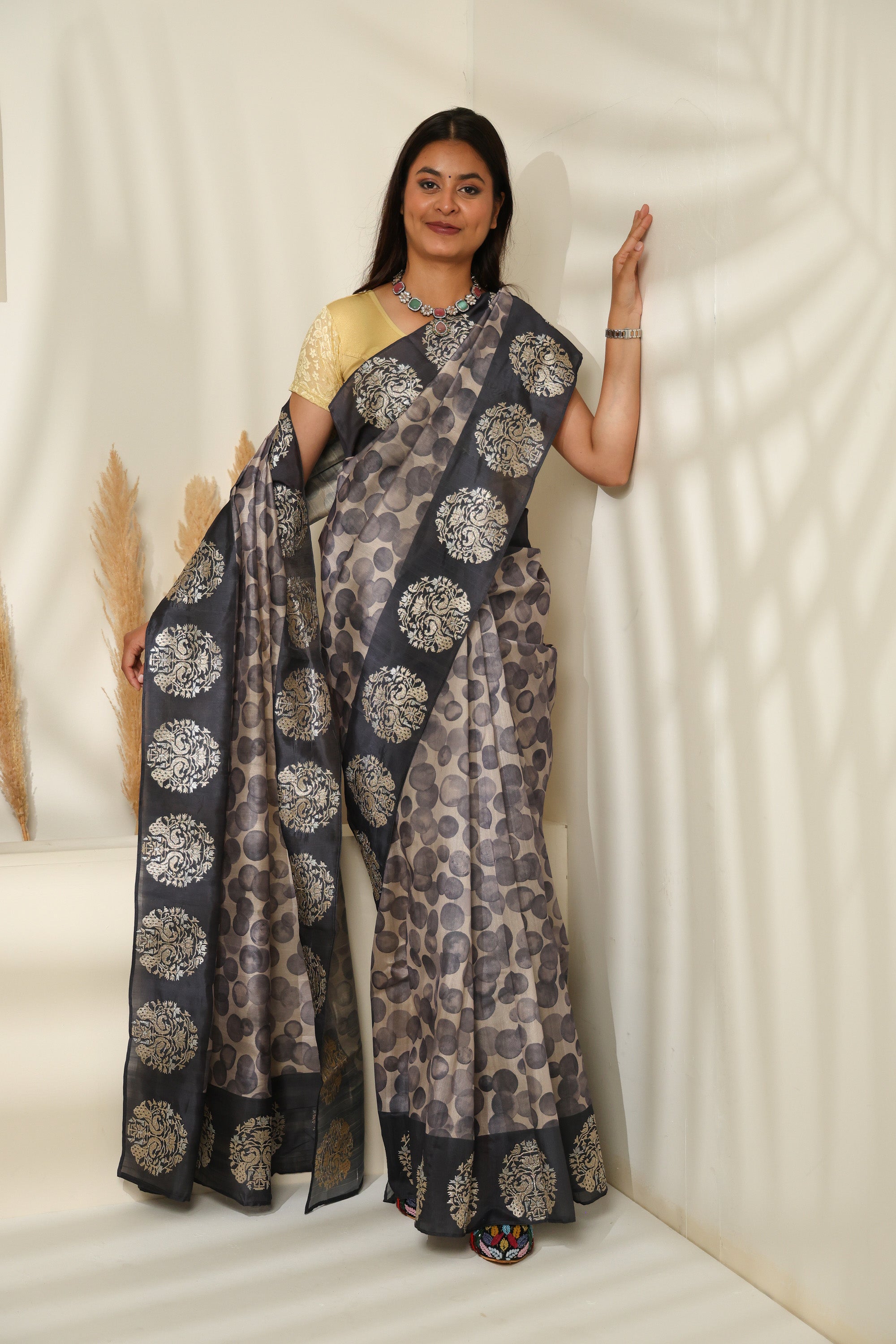 Soft Grey Silk-Blend Saree with Polka Dots & Golden Floral Border