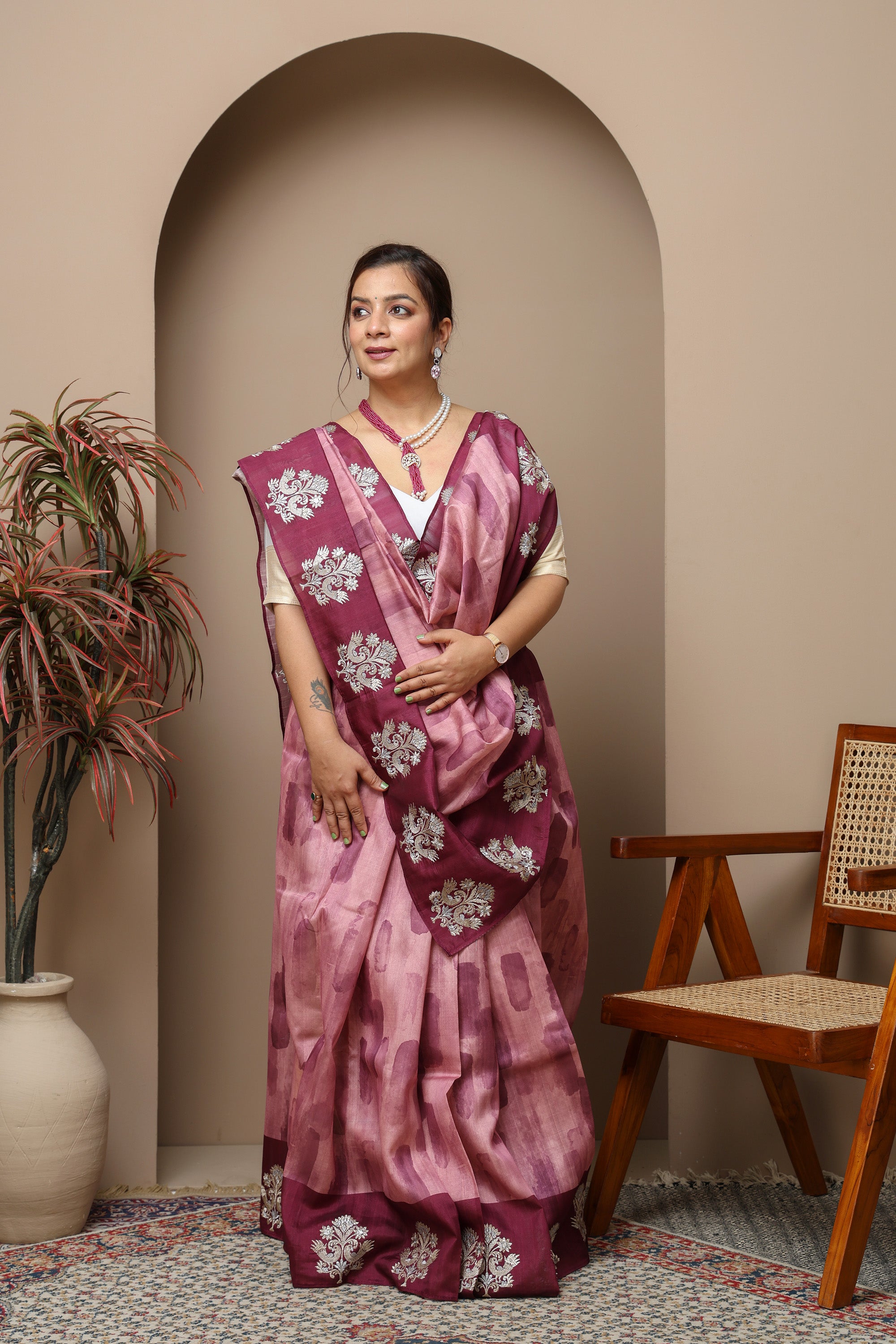 Matka Silk Print & embroidery Saree purple colour