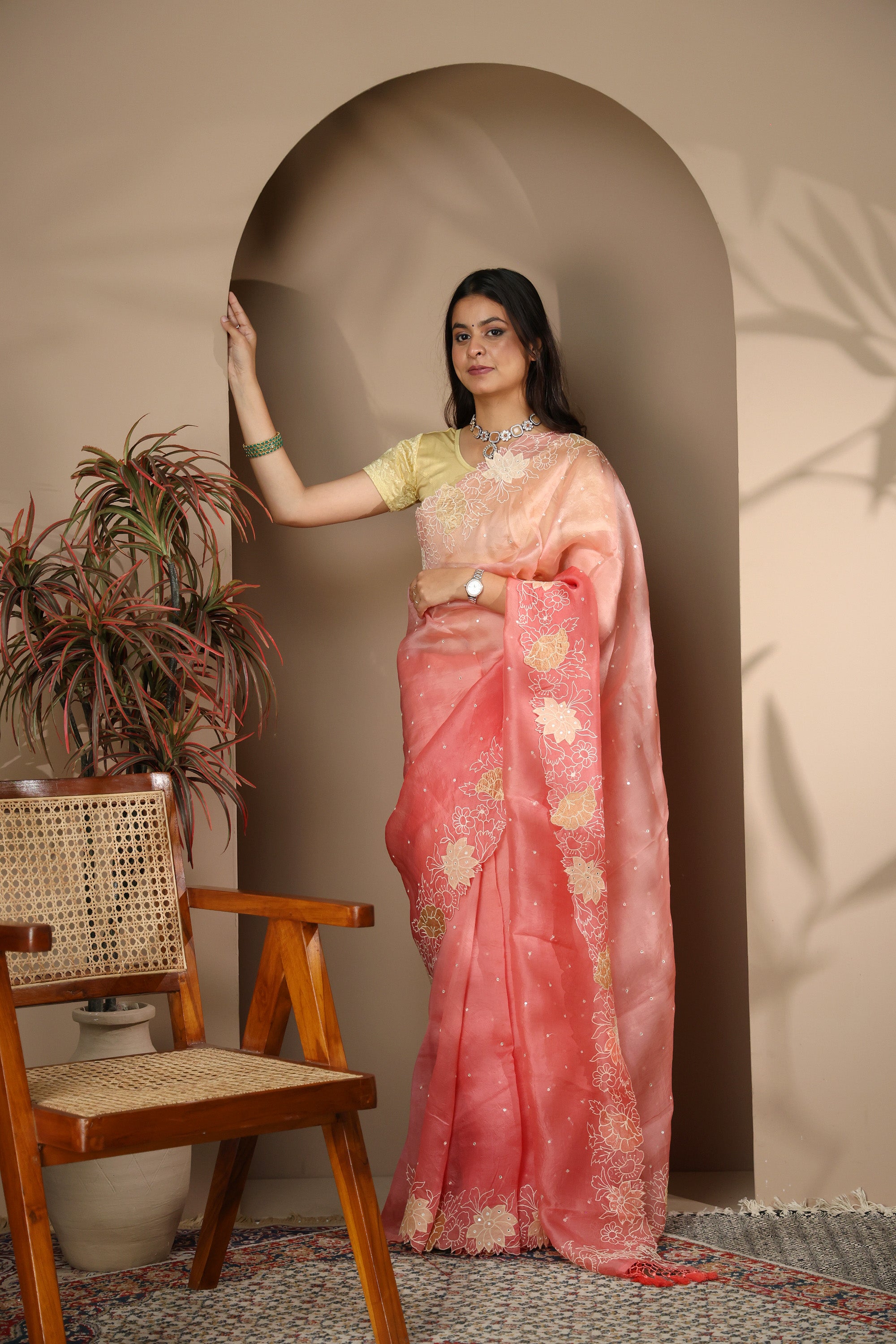 Blush Pink Organza Saree with Tonal Sequins & Floral Cutwork Border