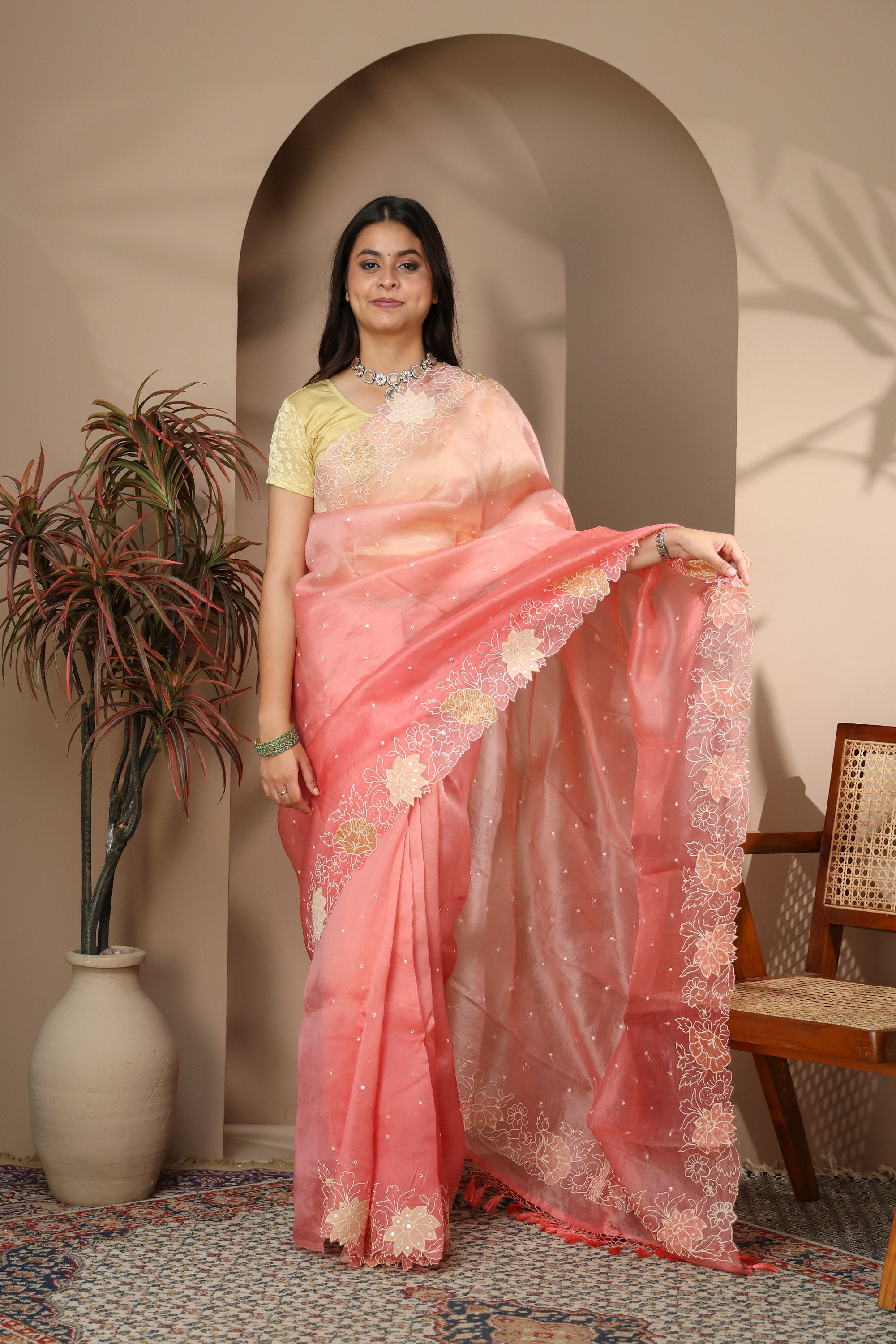 Blush Pink Organza Saree with Tonal Sequins & Floral Cutwork Border
