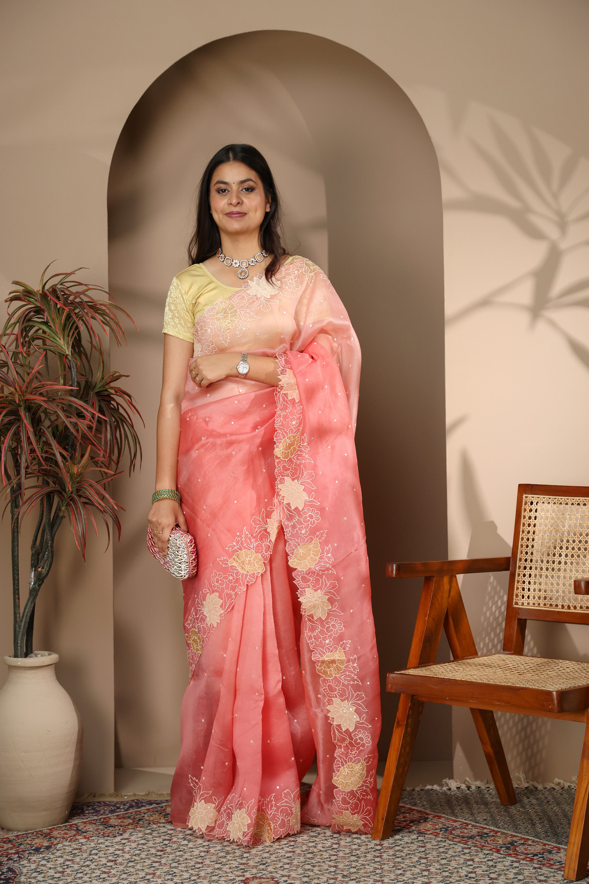 Blush Pink Organza Saree with Tonal Sequins & Floral Cutwork Border