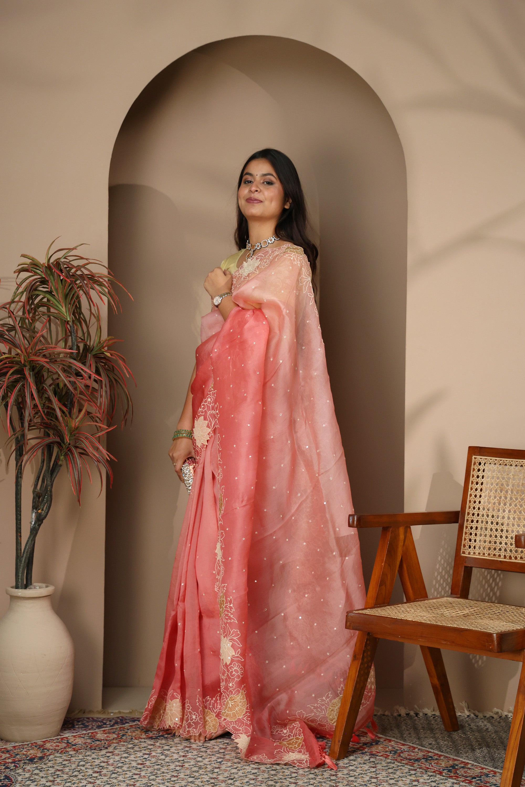 Blush Pink Organza Saree with Tonal Sequins & Floral Cutwork Border