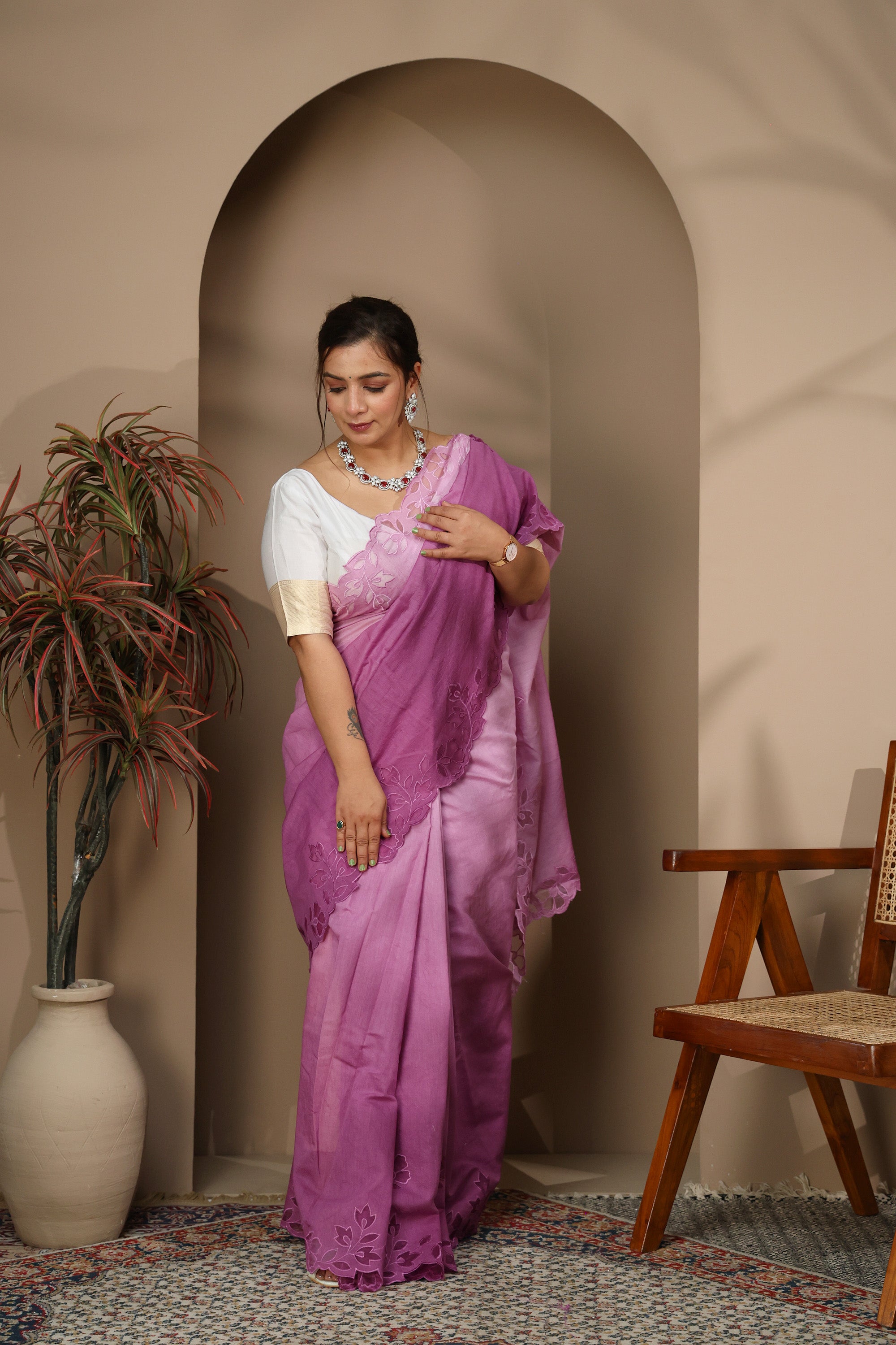 Lavender-Pink Lightweight Saree with Floral Cutwork Border
