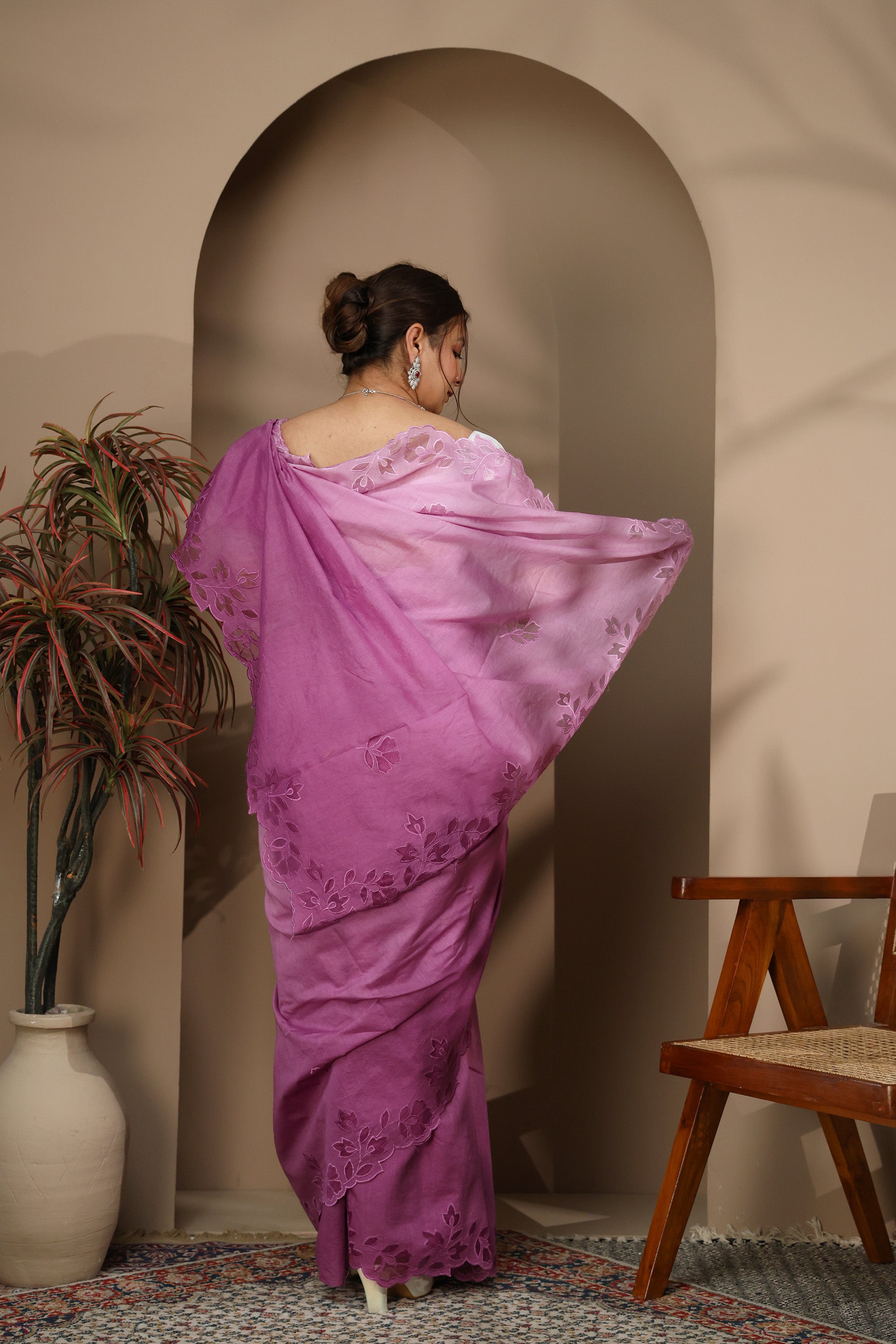 Lavender-Pink Lightweight Saree with Floral Cutwork Border