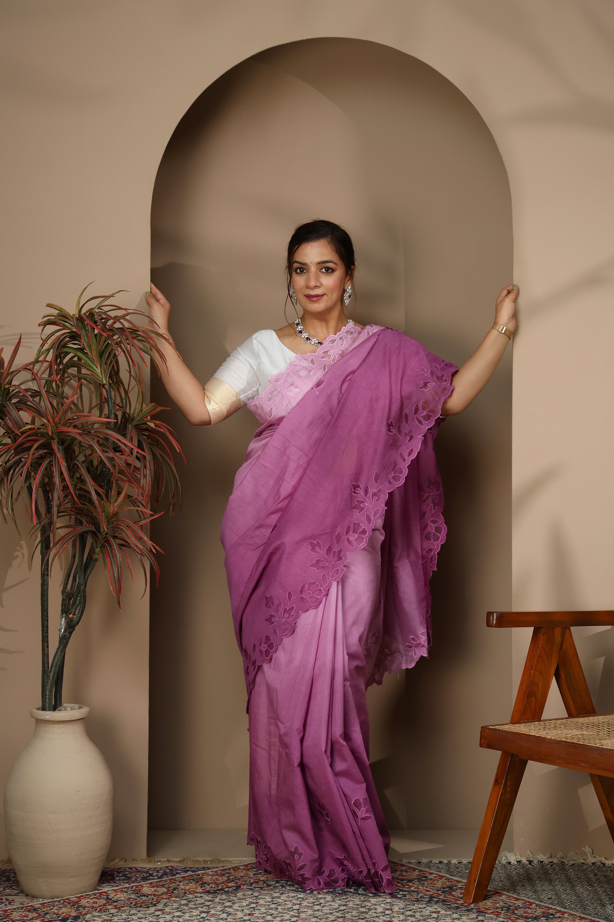 Lavender-Pink Lightweight Saree with Floral Cutwork Border