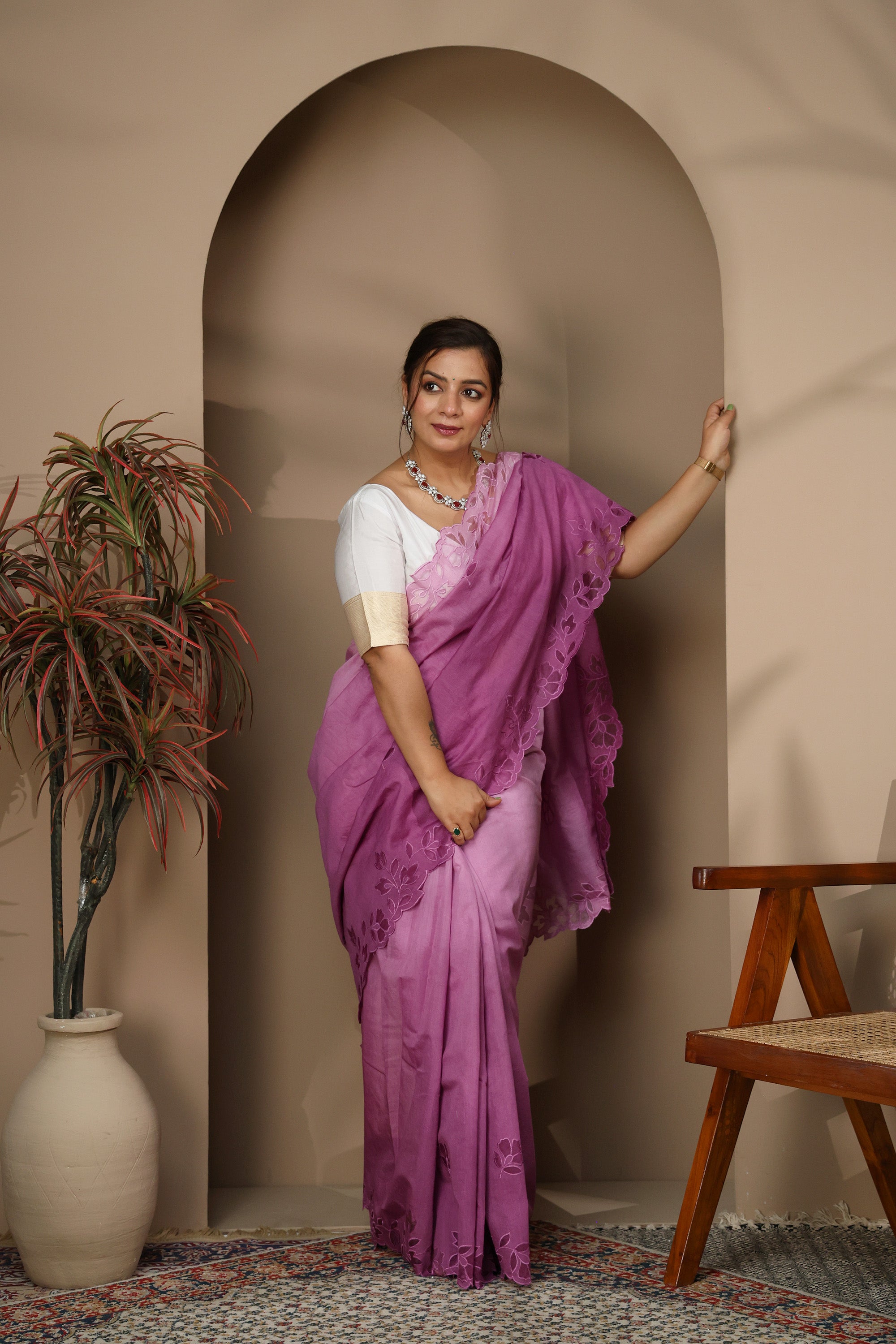 Lavender-Pink Lightweight Saree with Floral Cutwork Border