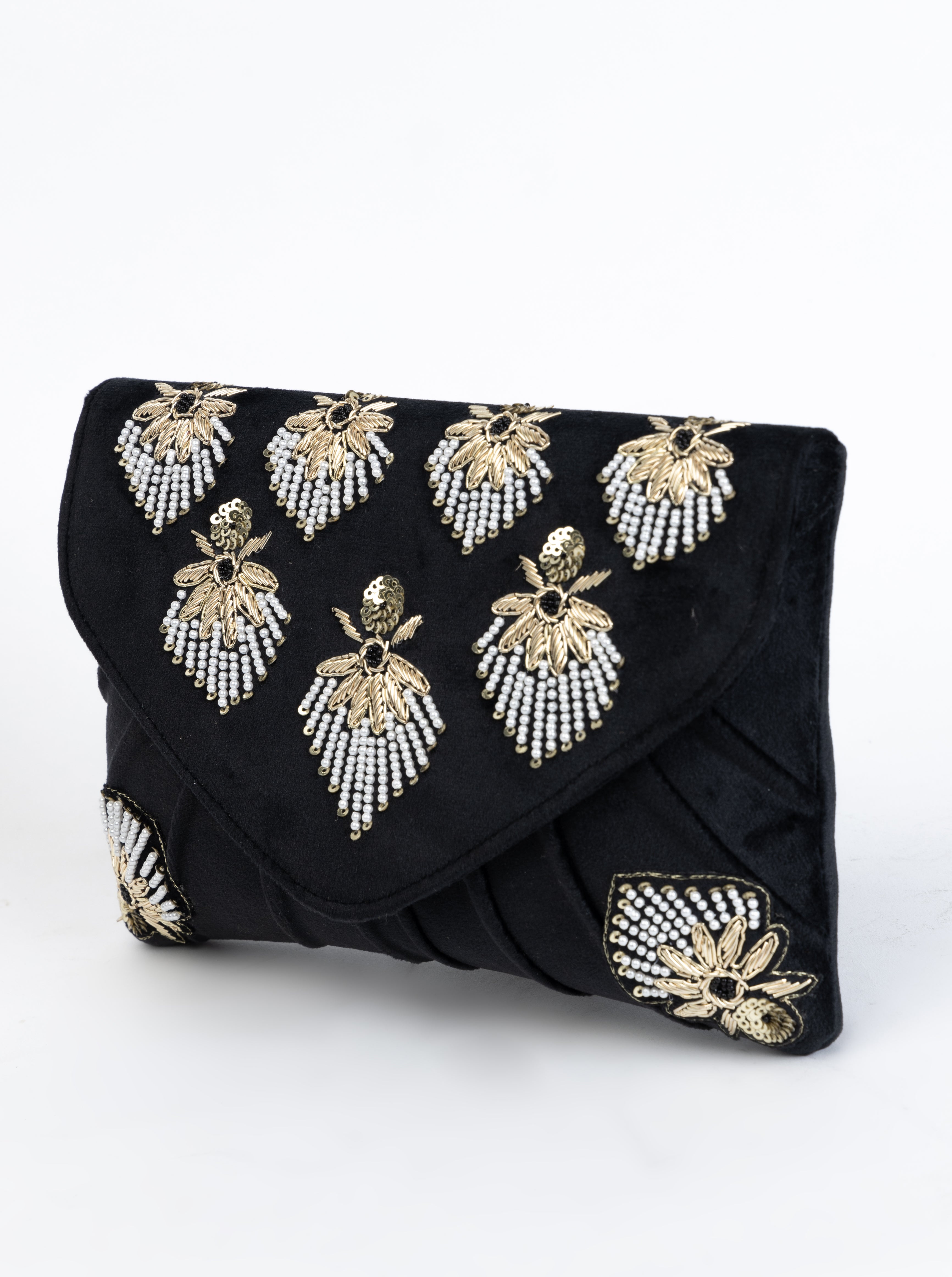 Black Velvet Clutch with Gilded Bead Embroidery