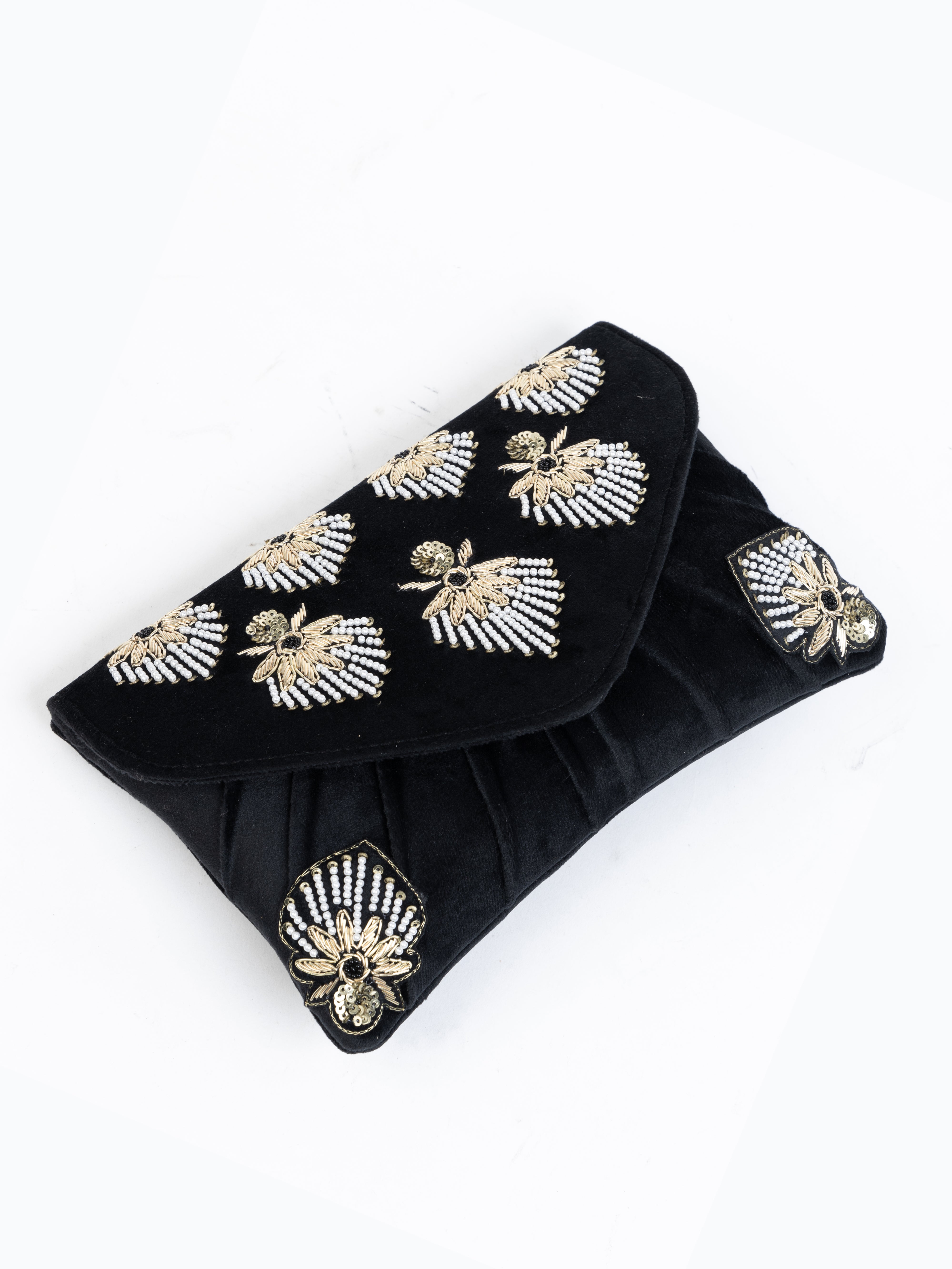 Black Velvet Clutch with Gilded Bead Embroidery