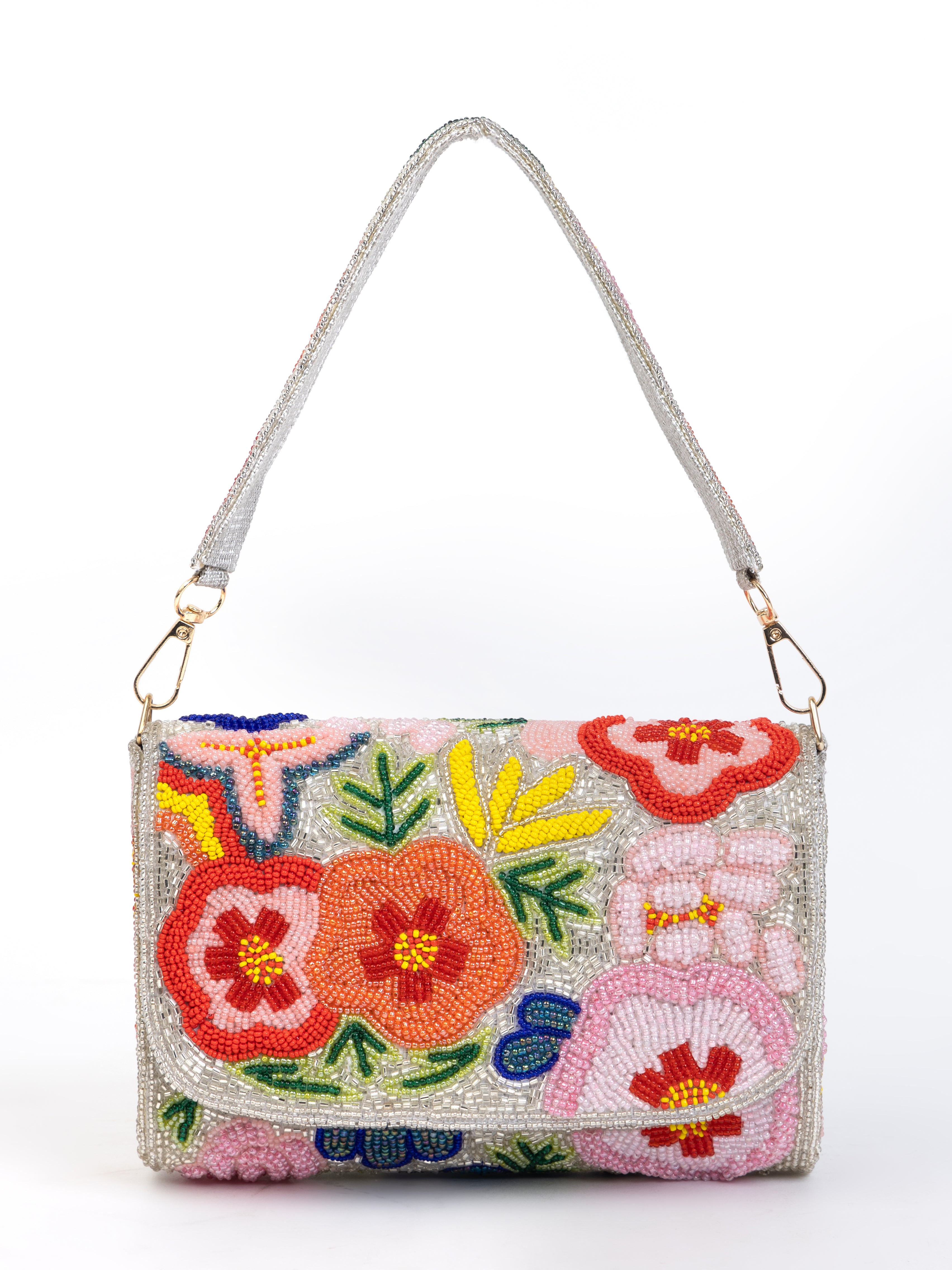 White Handbag with Beaded Floral Artistry