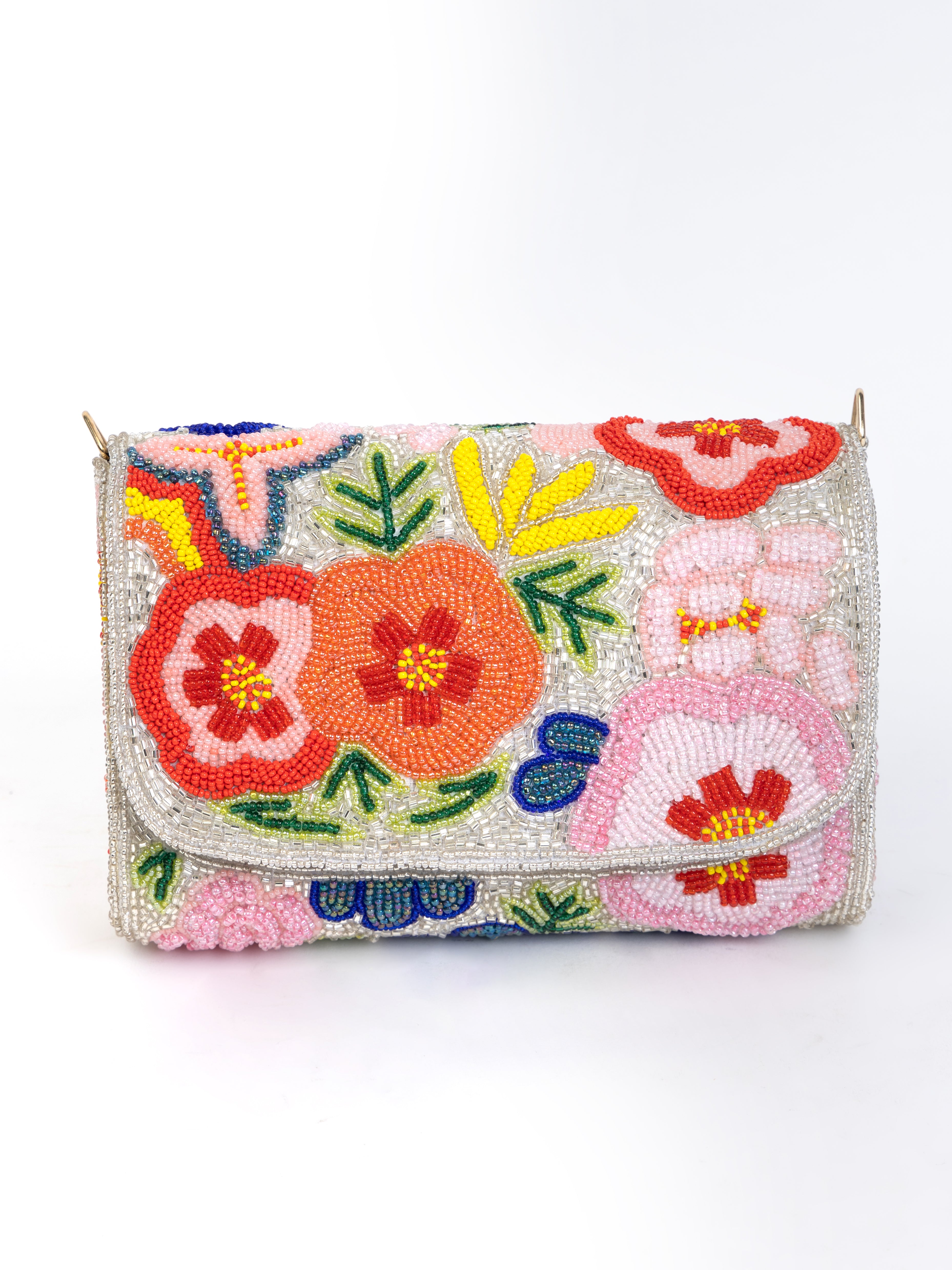 White Handbag with Beaded Floral Artistry