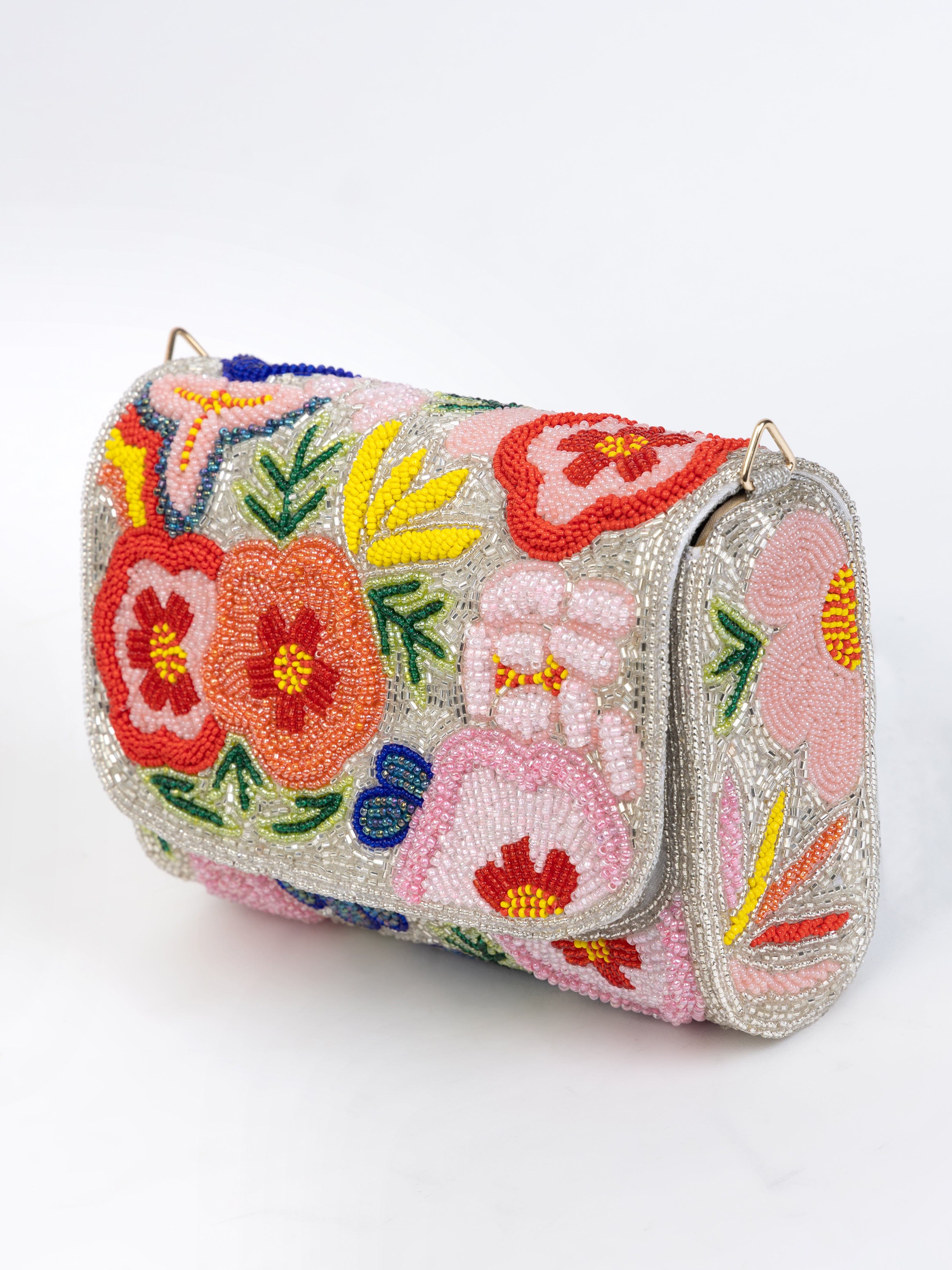 White Handbag with Beaded Floral Artistry