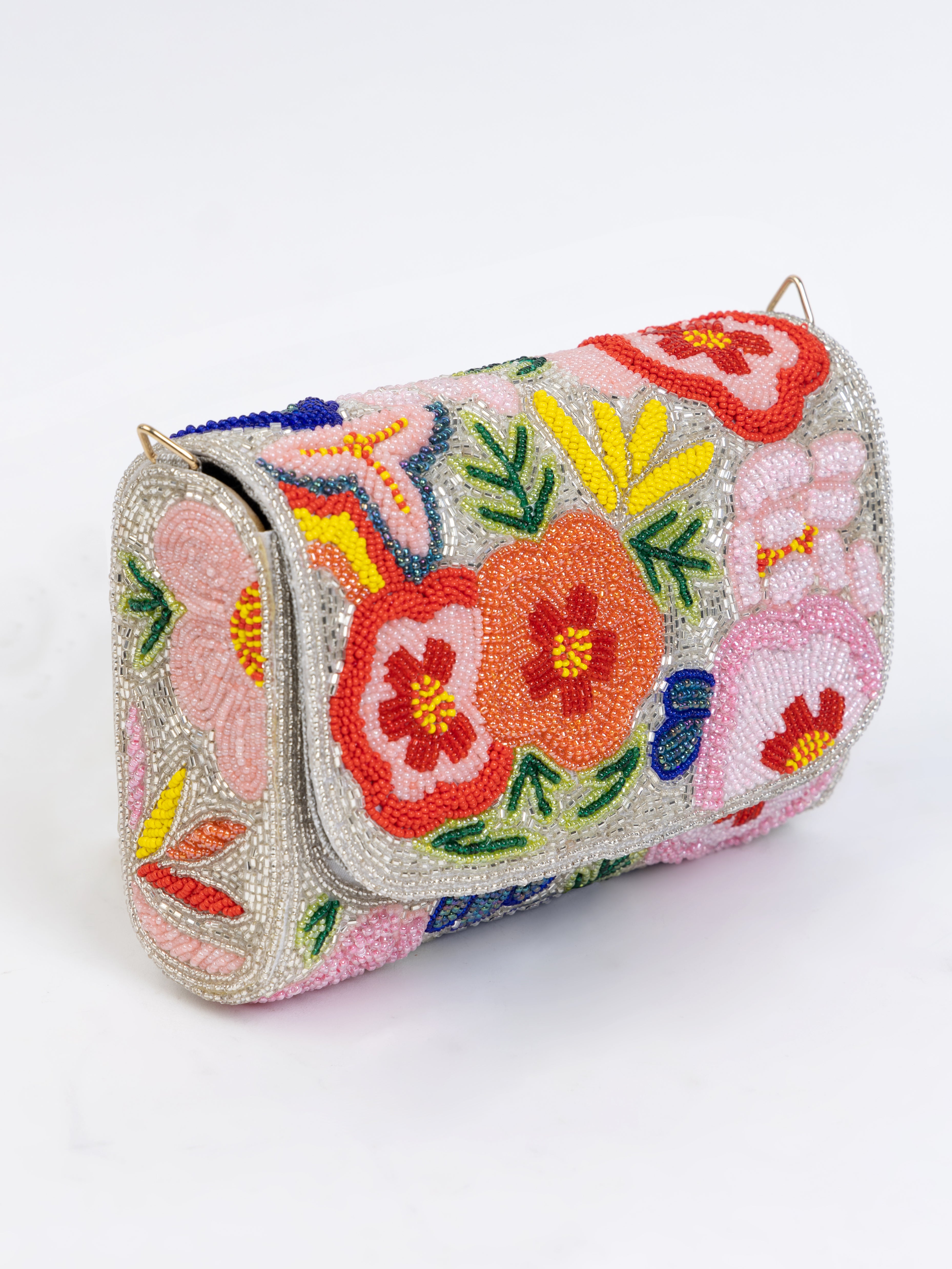 White Handbag with Beaded Floral Artistry