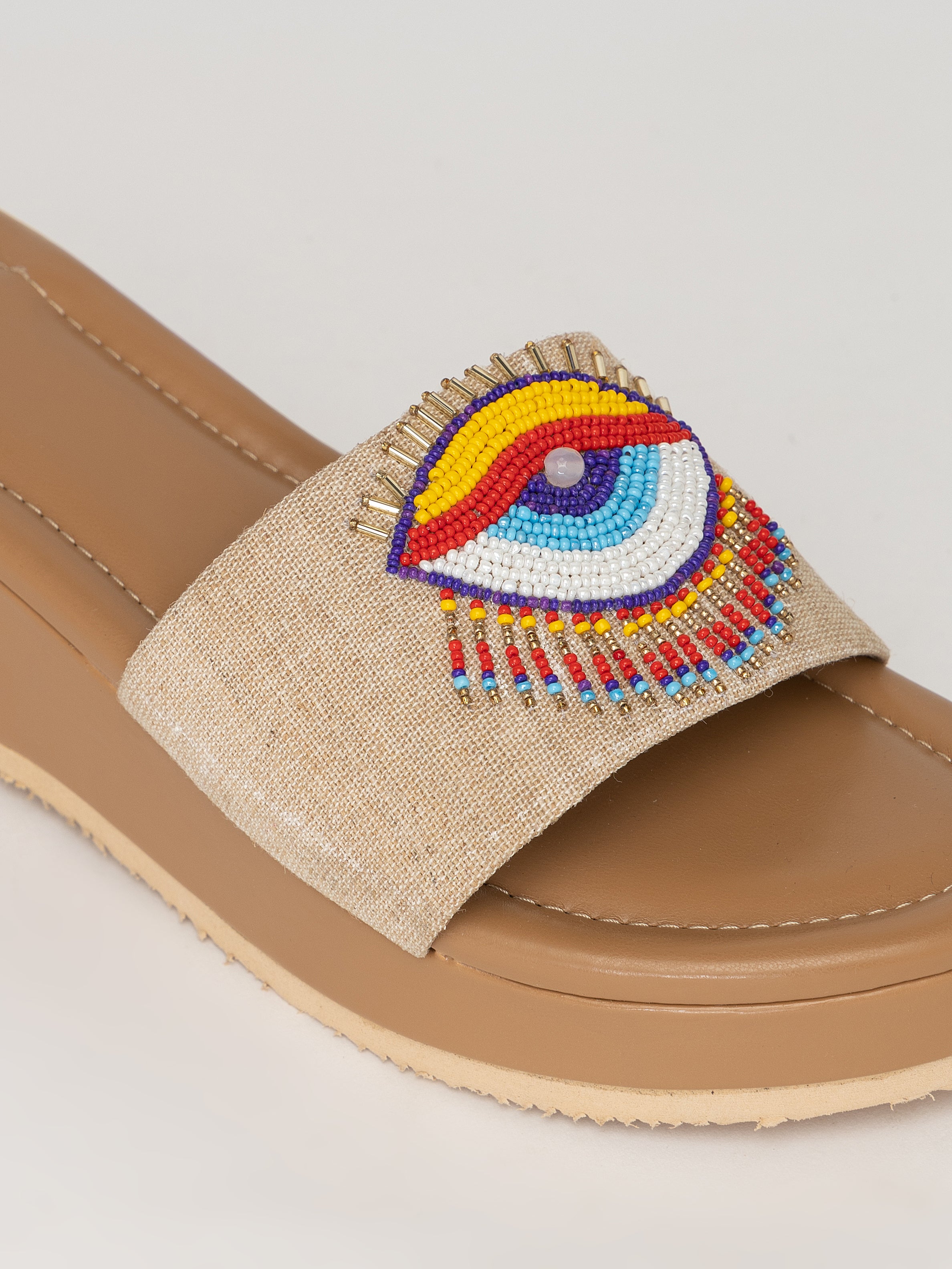 Beige Block Heel Sandals – Boho Eye Embroidered Slip-Ons