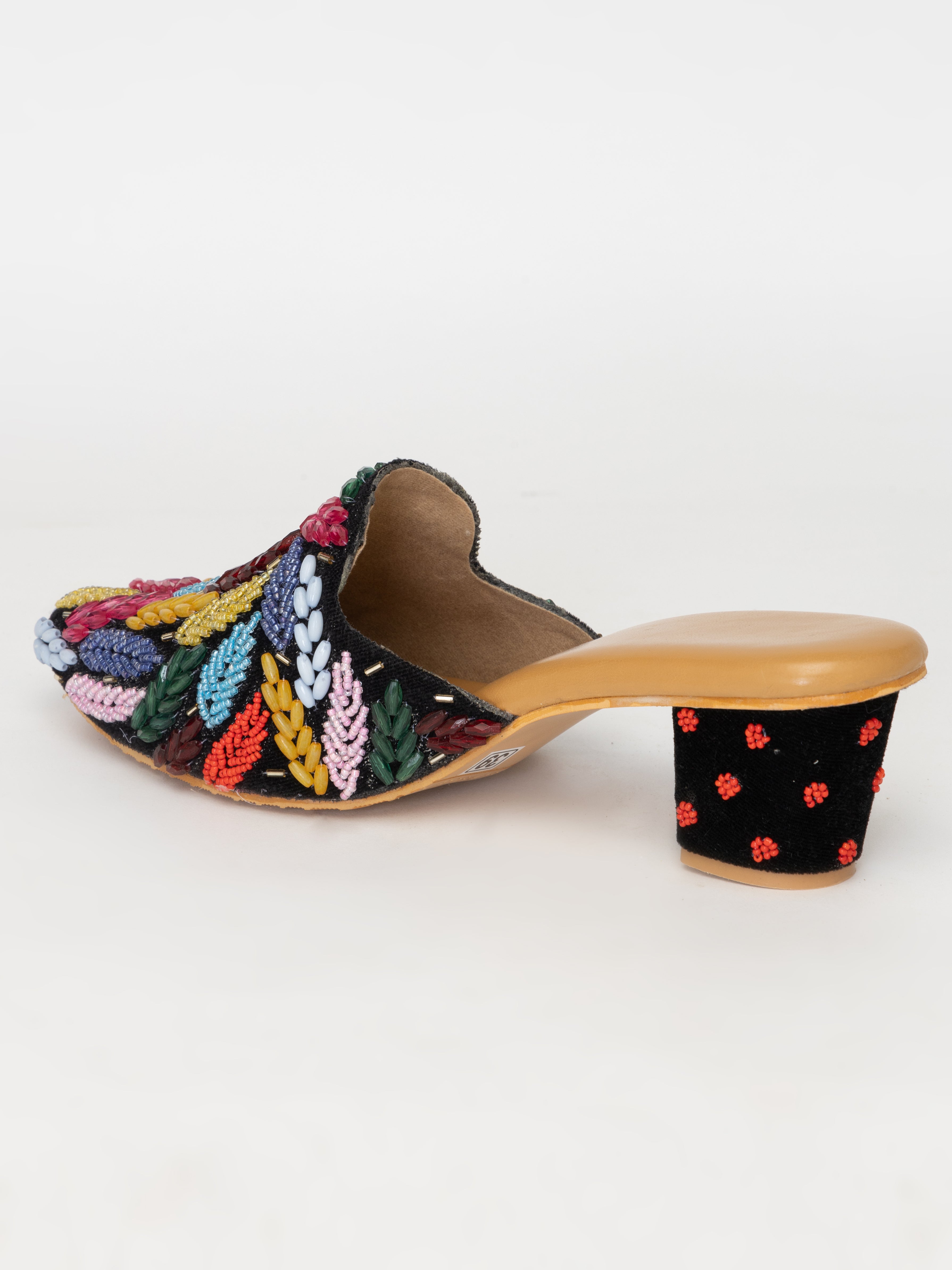 Black Beaded Mules – Elegant Petal Embellished Heels