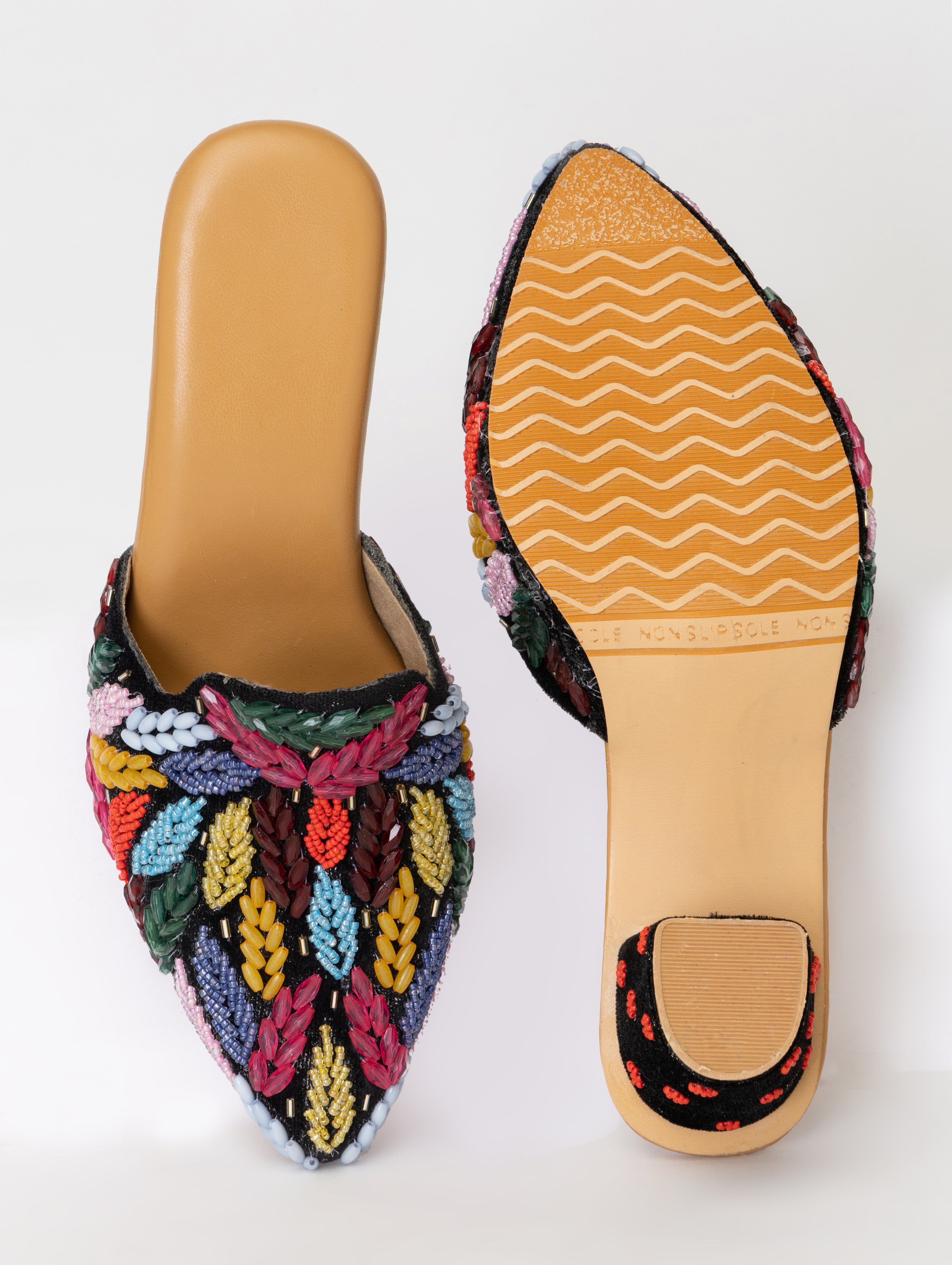 Black Beaded Mules – Elegant Petal Embellished Heels