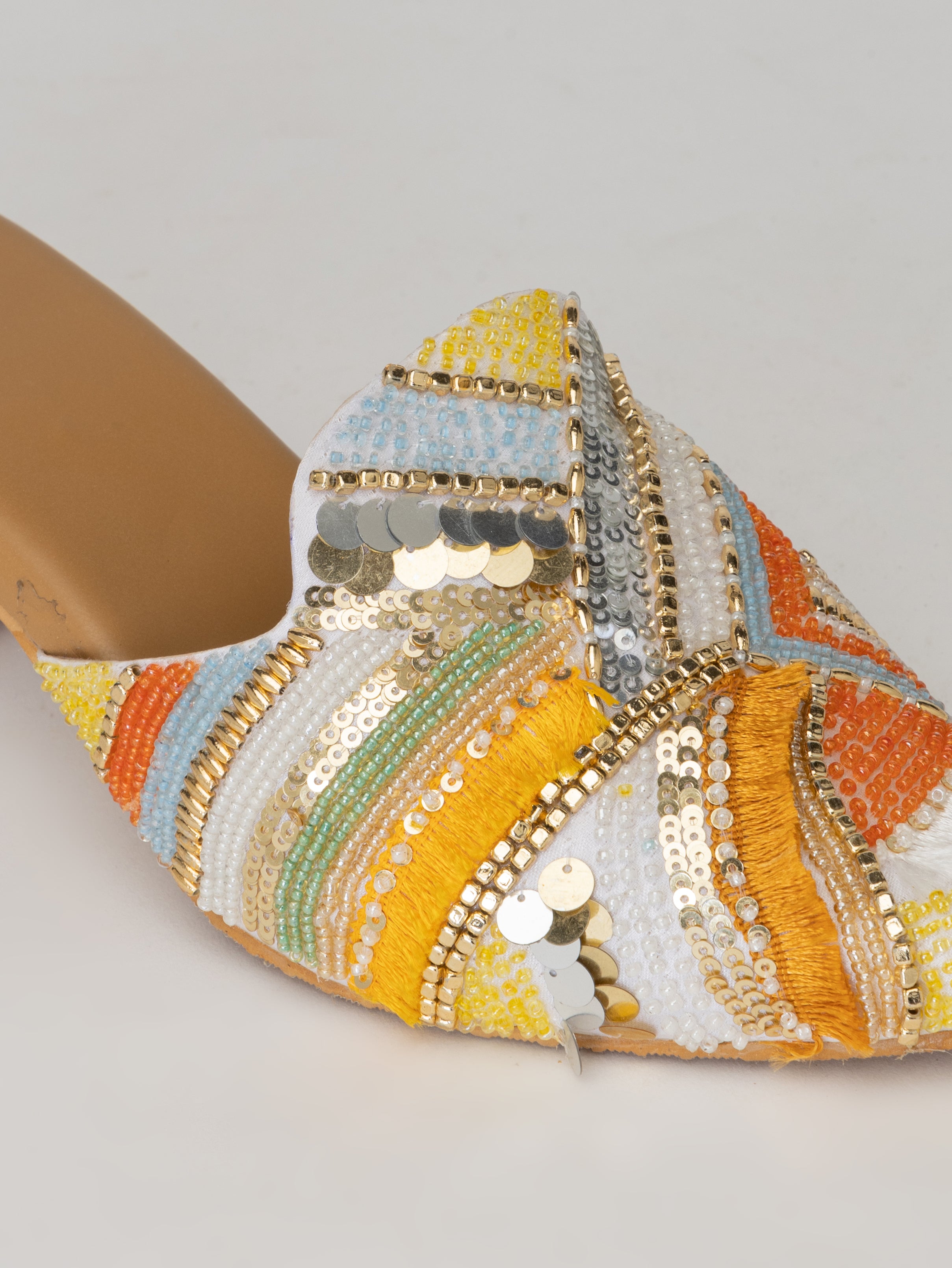 White Heeled Mules – Kaleidoscope Embellished Slip-Ons