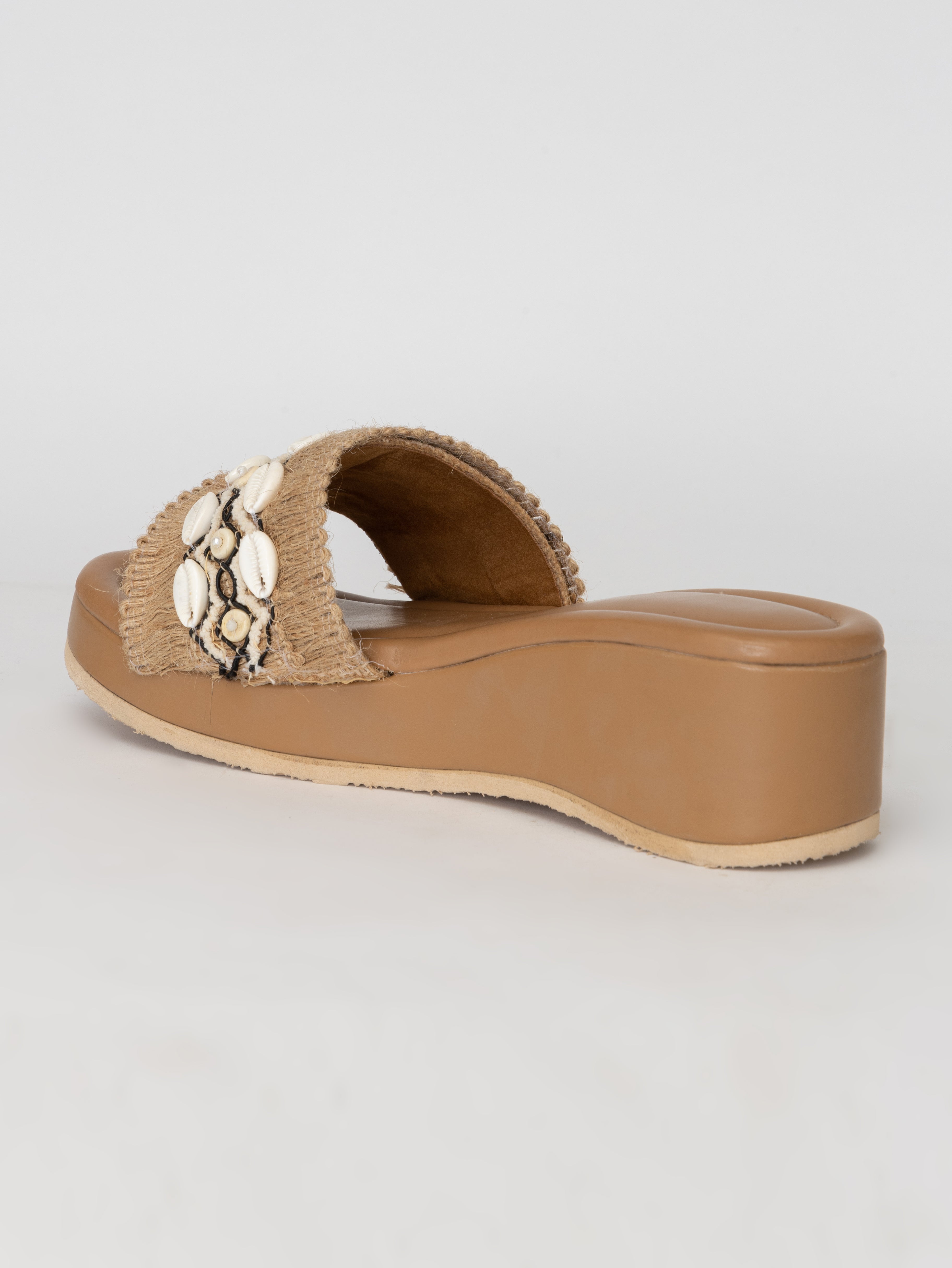 Beige Seashell Block Heels – Coastal-Inspired Slip-On Sandals