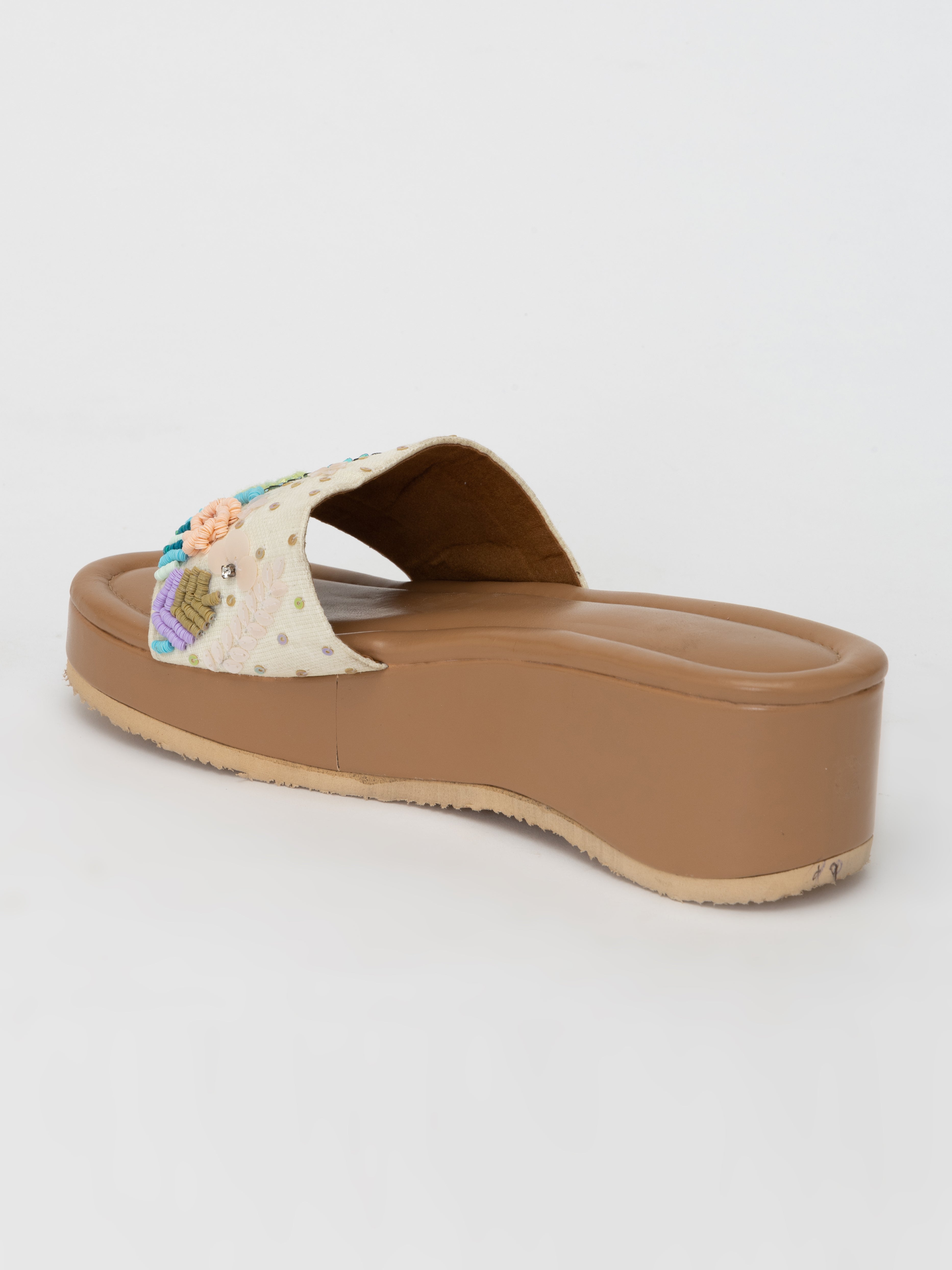 Beige Threadwork Block Heels – Artistic Slip-On Sandals