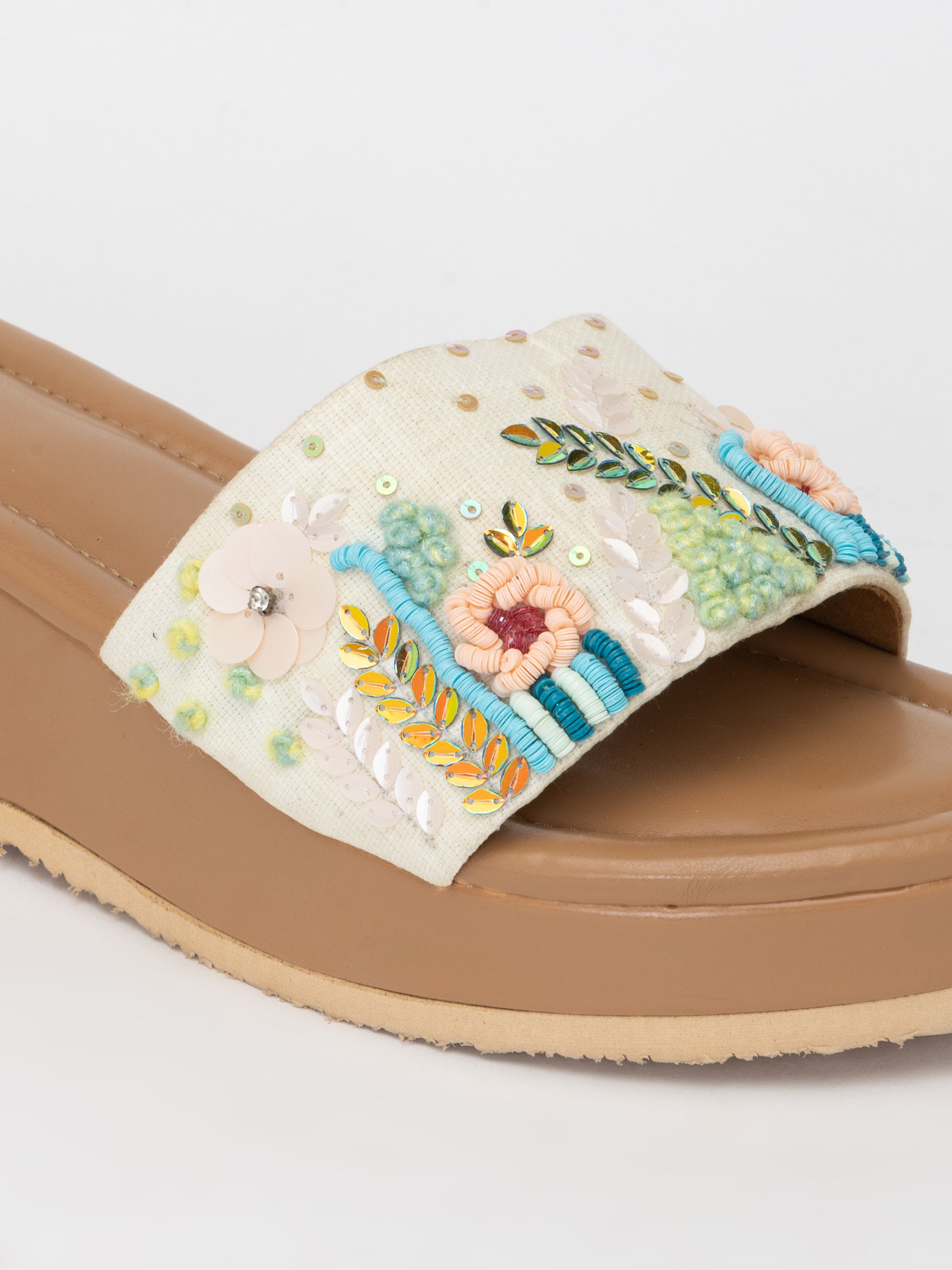 Beige Threadwork Block Heels – Artistic Slip-On Sandals